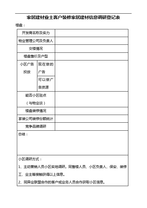 家居建材小区楼盘业主客户装修家居建材信息调研登记表