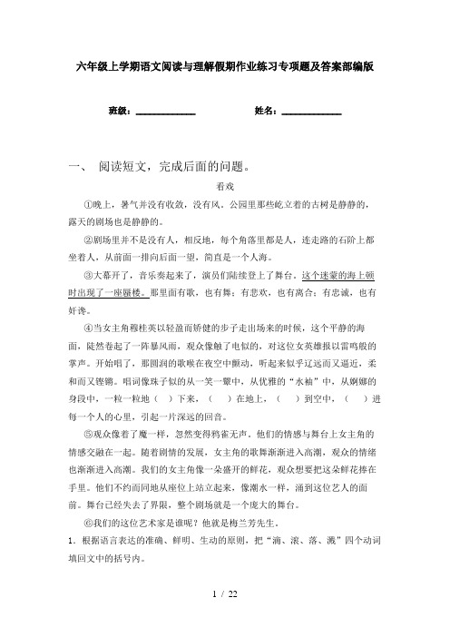 六年级上学期语文阅读与理解假期作业练习专项题及答案部编版