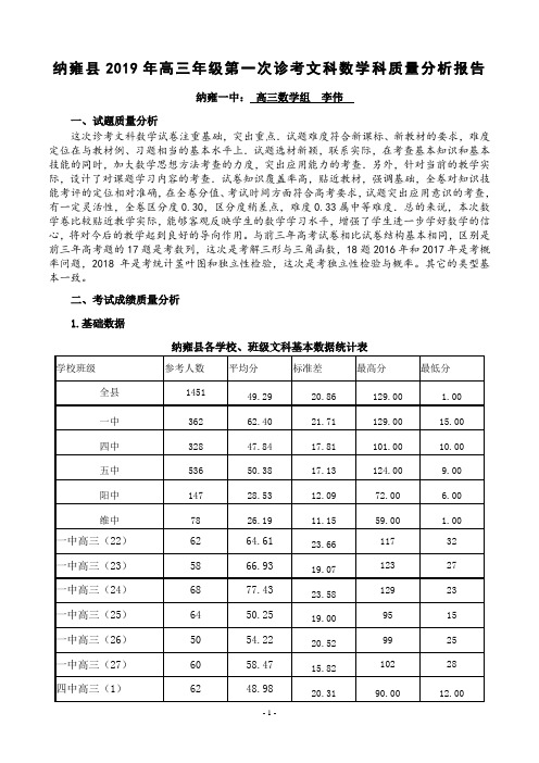 纳雍县2019年高三年级第一次诊考文科数学科质量分析报告