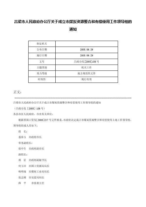 吕梁市人民政府办公厅关于成立市煤炭资源整合和有偿使用工作领导组的通知-吕政办发[2005]186号