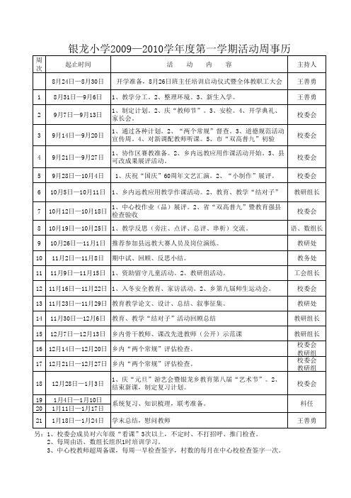 银龙小学2009—2010年学年度第一学期活动周事历(正版)