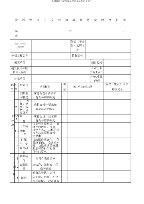 金属卷帘门安装检验批质量验收记录范文