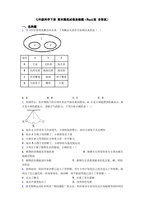 七年级科学下册 期末精选试卷易错题(Word版 含答案)