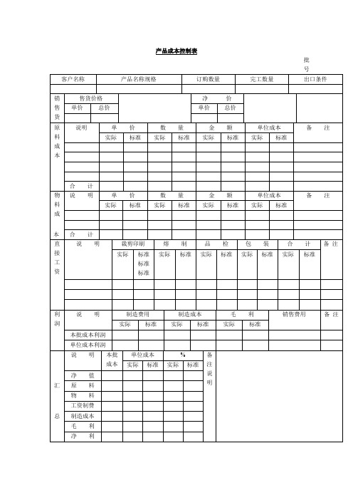 产品成本控制表