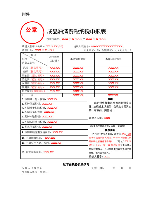 《成品油消费税纳税申报表》及附表(填写样例)