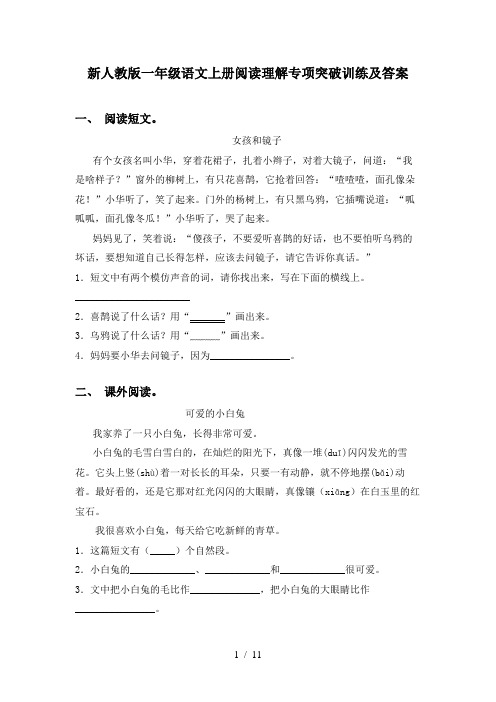 新人教版一年级语文上册阅读理解专项突破训练及答案