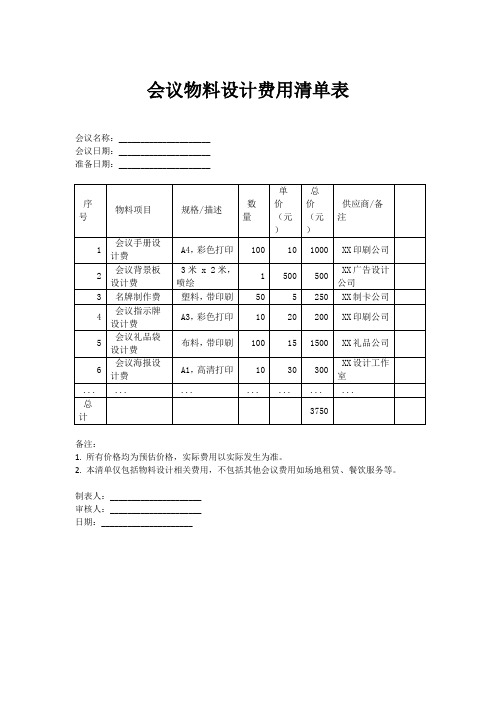 会议物料设计费用清单表