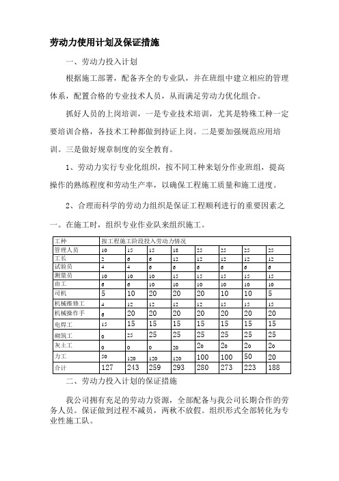 劳动力使用计划及保证措施