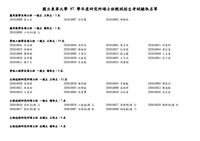 国东华大学97学研究所硕士班甄试招生考试取名单