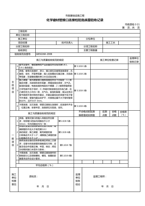 化学建材管接口连接检验批质量验收记录