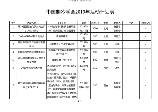 中国制冷学会2019年活动计划表