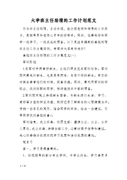 大学班主任助理的工作计划范文