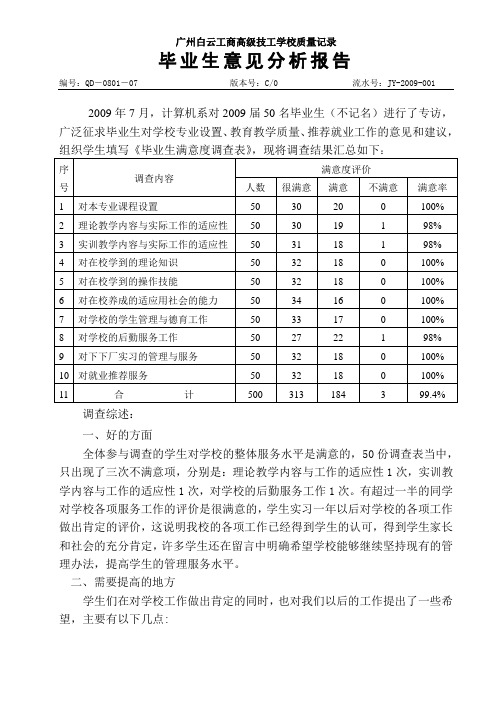 计算机2009届毕业生意见分析报告