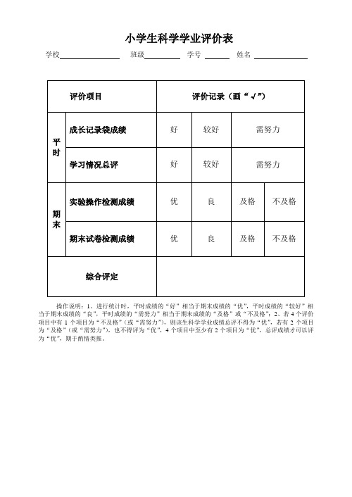 小学生科学学业评价表