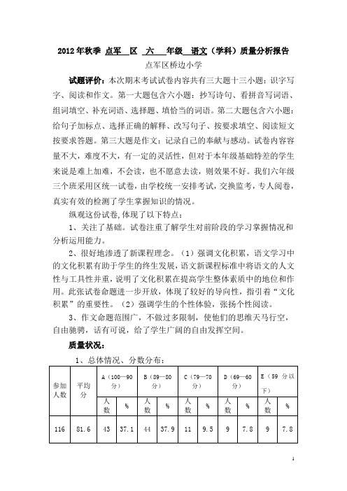 2012年秋季六年级班语文质量分析报告