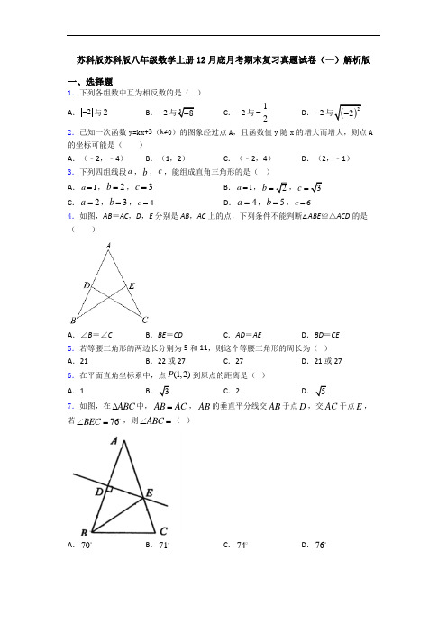 苏科版苏科版八年级数学上册12月底月考期末复习真题试卷(一)解析版