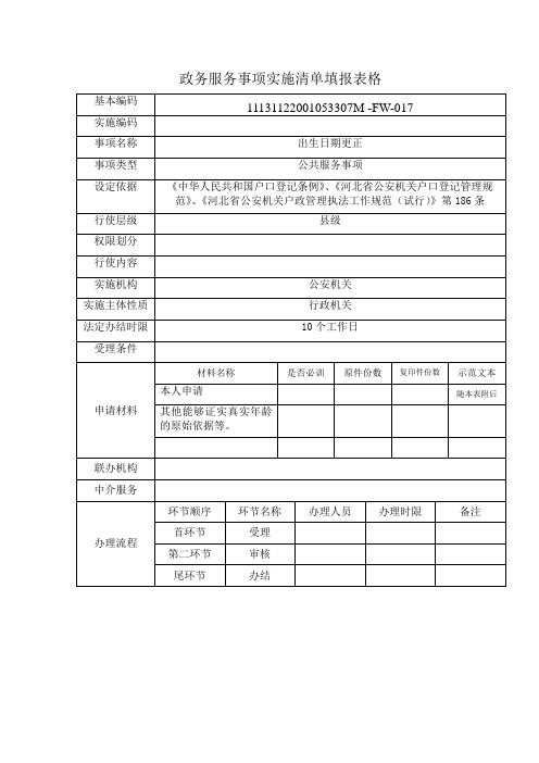 政务服务事项实施清单填报表格