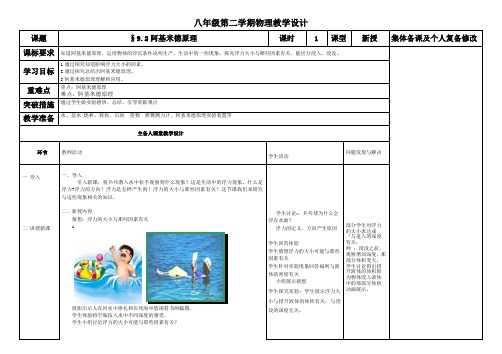 沪科版初中八年级物理《9.2阿基米德原理》优课教学设计(配套A)