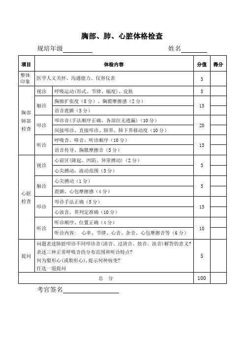 体格检查胸、肺、心评分表