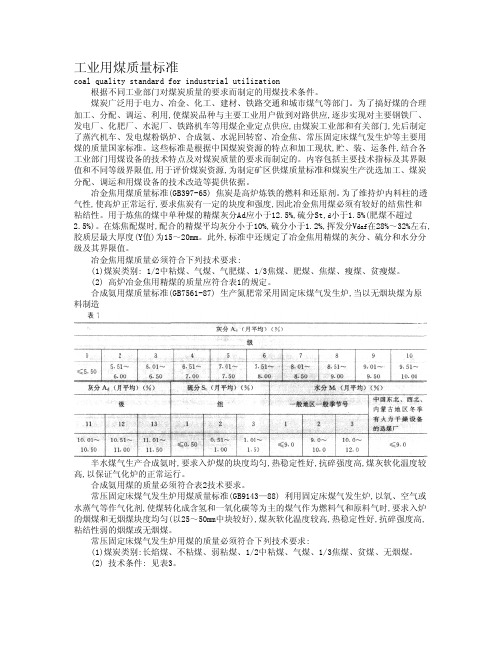 工业用煤质量标准