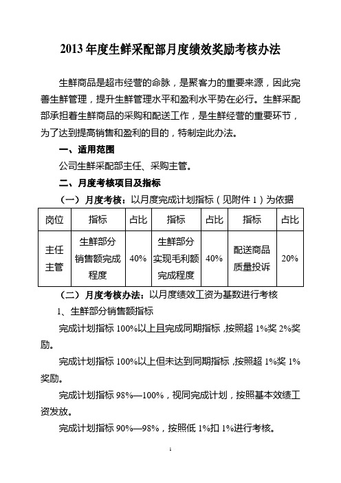 超市(商场) 2013年度生鲜采配部月度绩效奖励考核办法