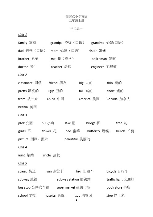 新起点小学英语二年级上册单词表