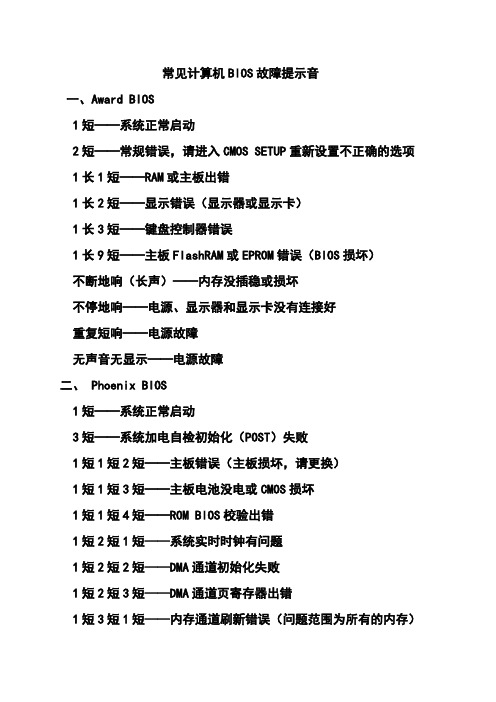 常见计算机BIOS故障提示音