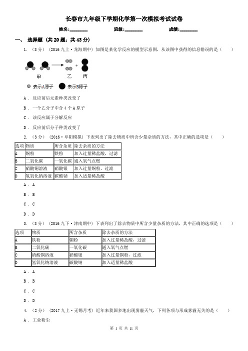 长春市九年级下学期化学第一次模拟考试试卷