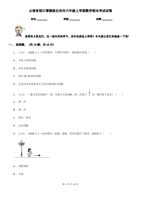 云南省怒江傈僳族自治州六年级 上学期数学期末考试试卷