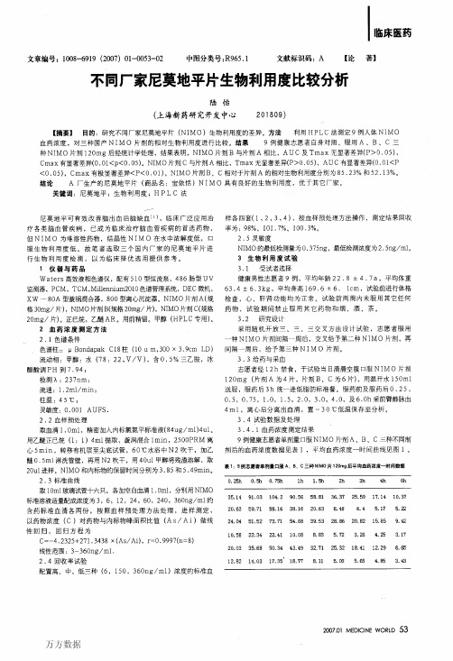 不同厂家尼莫地平片生物利用度比较分析