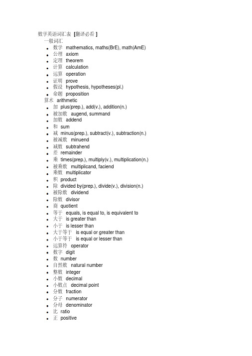 数学术语英语词汇表