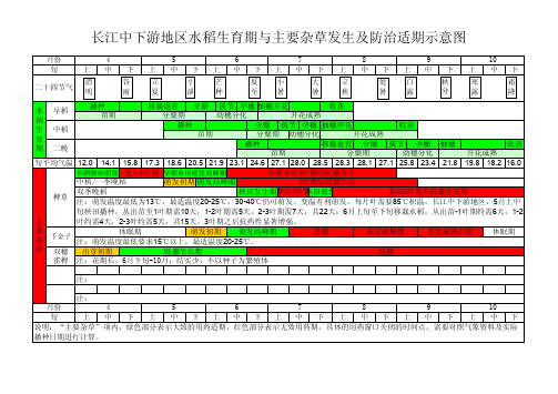 长江中下游地区水稻生育期与主要杂草发生及防治适期示意图