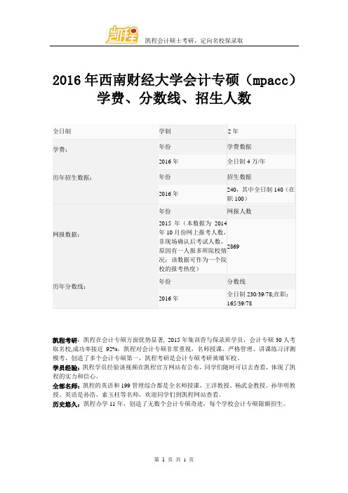 2016年西南财经大学会计专硕(mpacc)学费、分数线、招生人数