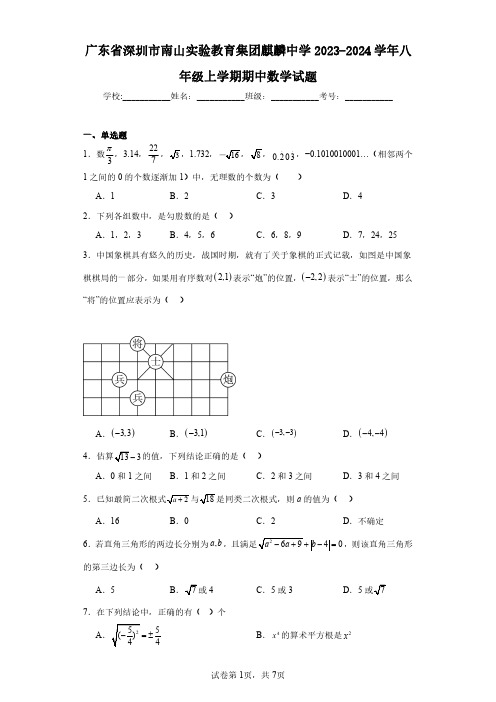 广东省深圳市南山实验教育集团麒麟中学2023-2024学年八年级上学期期中数学试题(含答案解析)