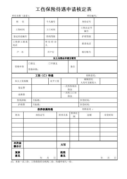 工伤保险待遇申请核定表