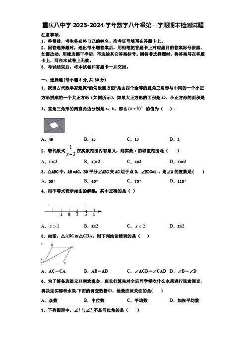 重庆八中学2023-2024学年数学八年级第一学期期末检测试题【含解析】