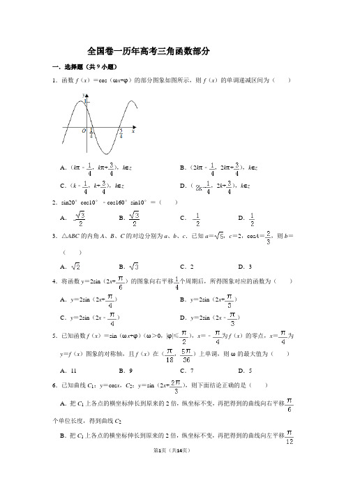 (完整word版)全国卷一历年高考代数部分三角函数部分