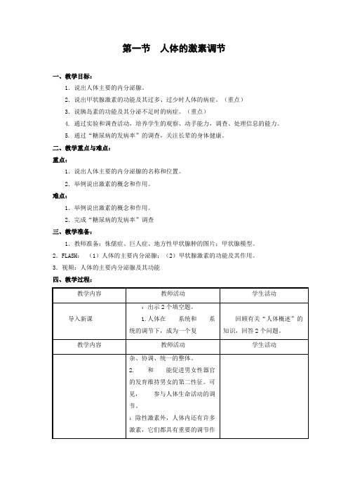 苏教版-生物-七年级下册-12.1人体的激素调节教案