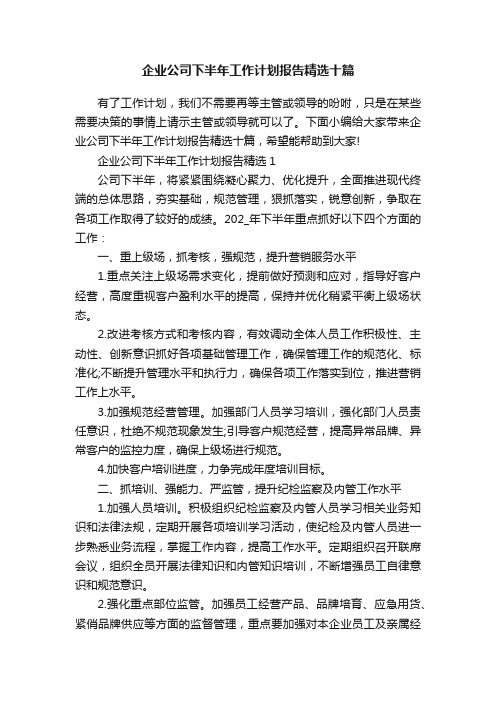 企业公司下半年工作计划报告精选十篇