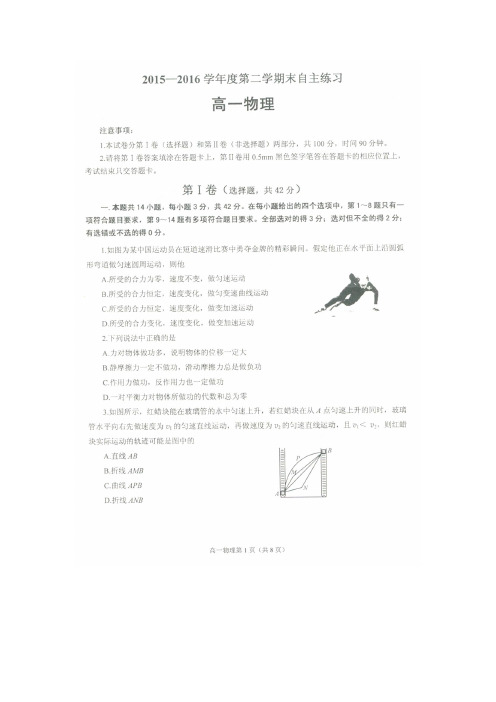 山东省栖霞市第二中学2015-2016学年高一物理下学期期末自主练习试题(扫描版)