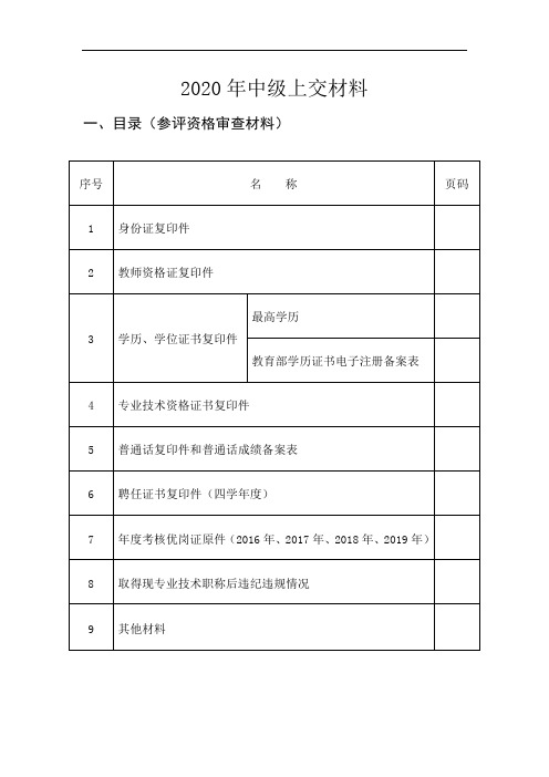 2020年申报中级上交材料目录(1)