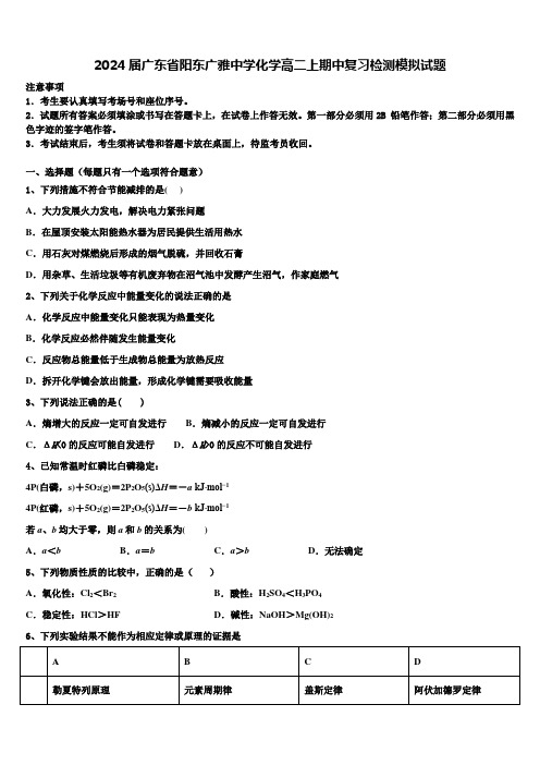 2024届广东省阳东广雅中学化学高二上期中复习检测模拟试题含解析