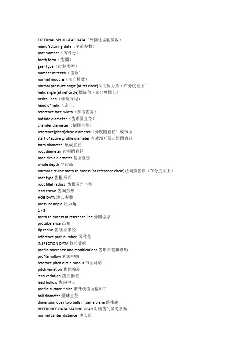 齿轮参数中英文对照