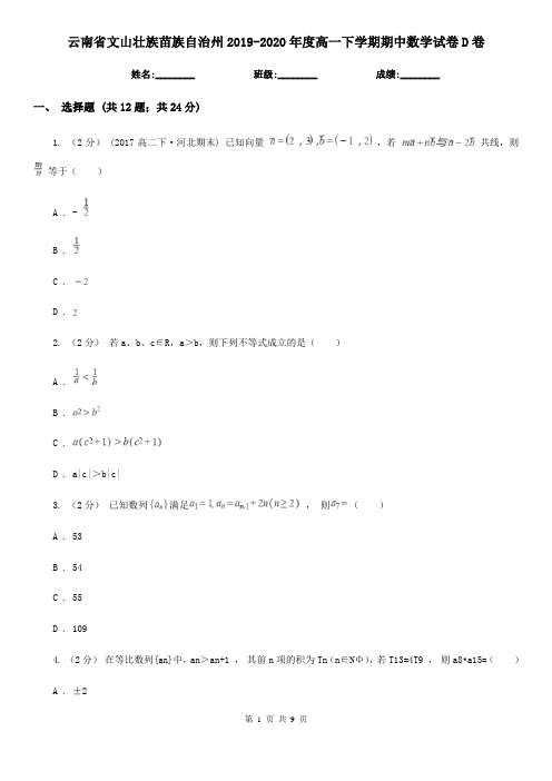 云南省文山壮族苗族自治州2019-2020年度高一下学期期中数学试卷D卷