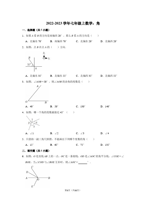 2022-2023学年七年级上数学：角(附答案解析)