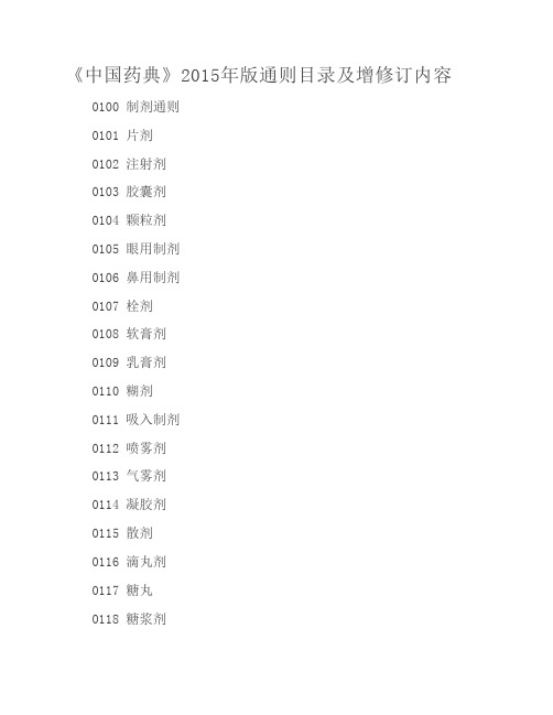 中国药典》2015年版通则目录及增修订内容