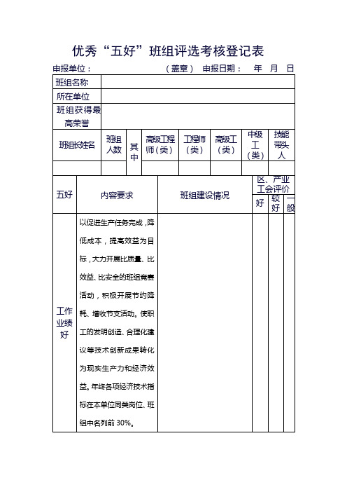 五好班组评比考核登记表