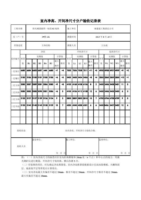 室内净高-、开间净尺寸分户验收记录表(填写范例)