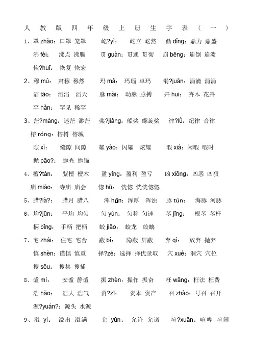 人教版四年级(上册)语文生字表(一)注音及组词