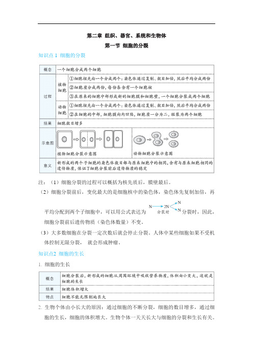 2024年冀少版七年级上册生物背记手册第二章组织、器官、系统和生物体